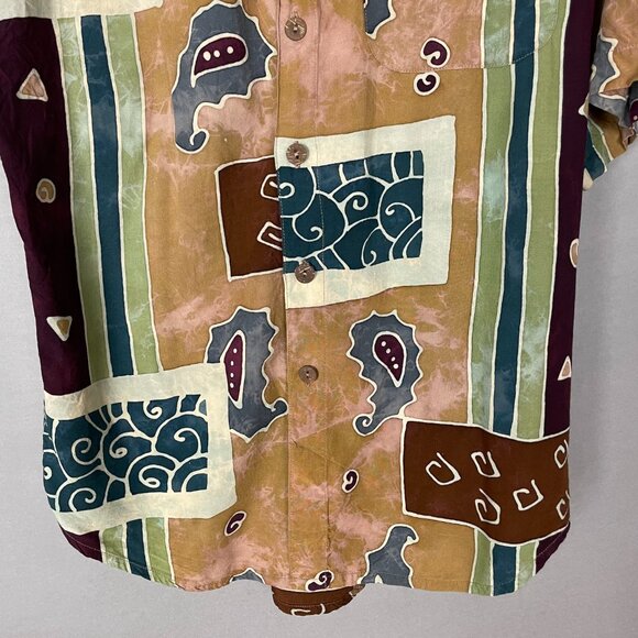 Vintage Batik Shirt Men Paisley Abstract Button-Up Rayon Short Sleeve Size Large - Picture 5 of 12